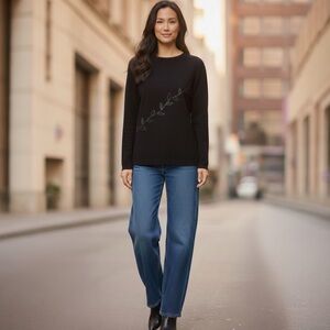 Holt Renfrew Vintage Beaded Leaves Wool Crew Neck Sweater Appliqué Knit Black M